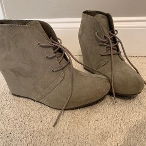 Tan wedge lace up booties